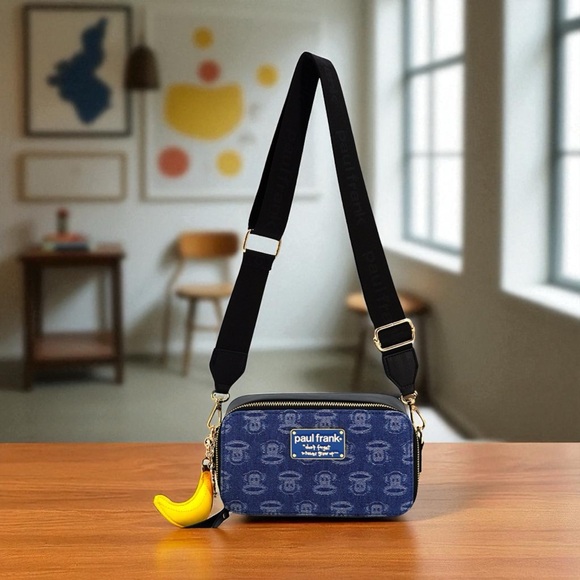 Paul Frank Denim Bananas Crossbody with Black Strap & Bananas Bag Charm NEW - Picture 1 of 16